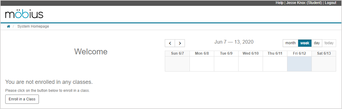 A student System Homepage is shown with the System Calendar but without any classes listed.